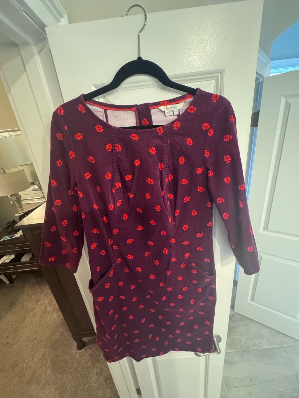 Boden Purple/Red Floral Corduroy Sheath Dress 3/4 Sleeve Pockets Zip 6L